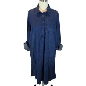 J JILL Dark Denim Roll Tab Sleeve Popover Midi Shirt Dress Size S Classic Preppy